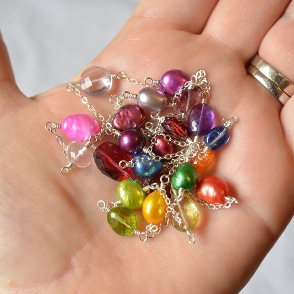 Long Rainbow Gemstone and Pearl Necklace in Sterling Silver - Picture 3 of 8